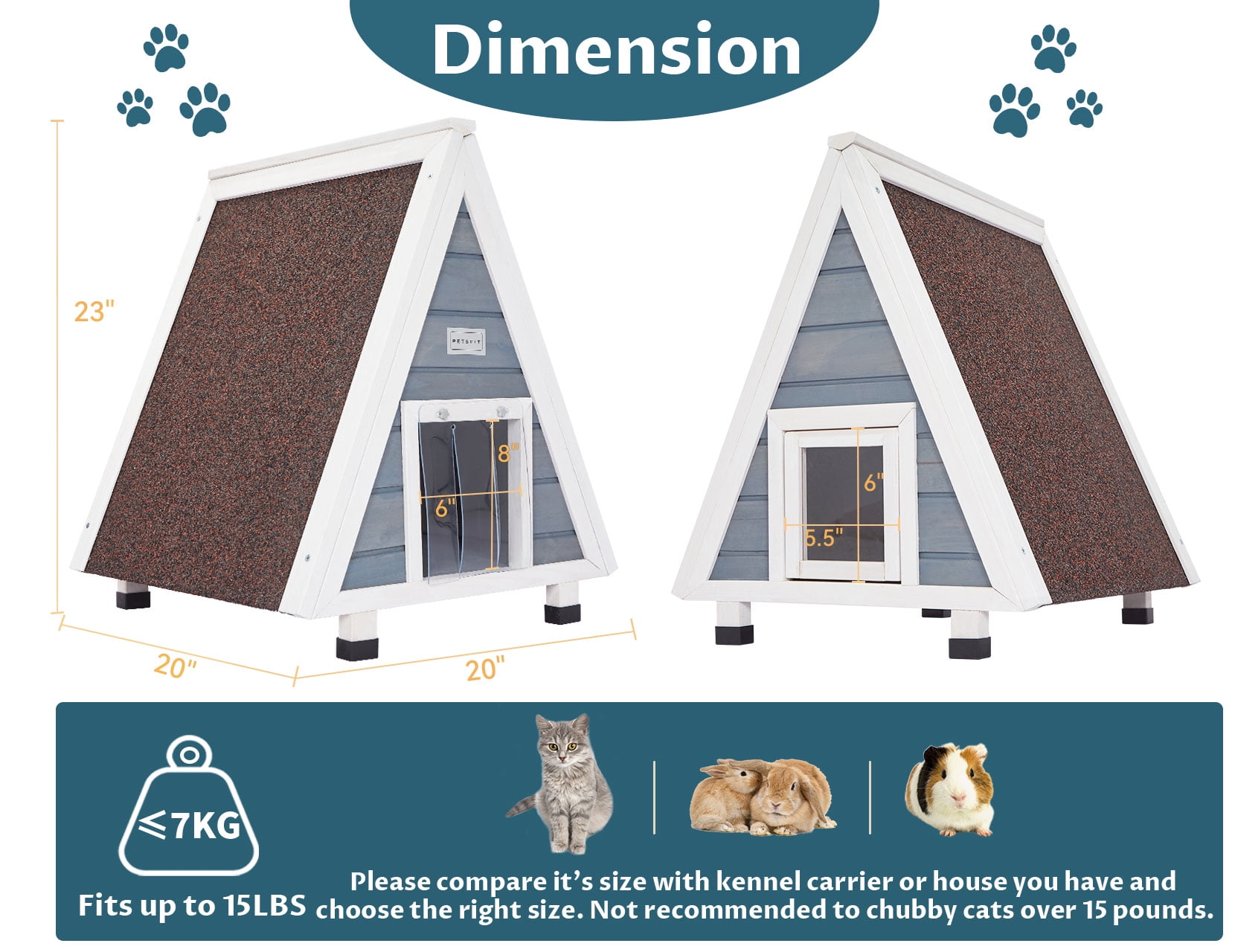 Petsfit Outdoor Cat House, Weatherproof Cat Shelter with Escape Door for Winter, Suitable for Small Animals, Grey