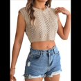 thumbnail image 2 of Suéter de Punto de Verano para Mujer, Chaleco Informal de Corta con Cuello Redondo y Canalé, Camiseta Sin Mangas. Caqui L, 2 of 10