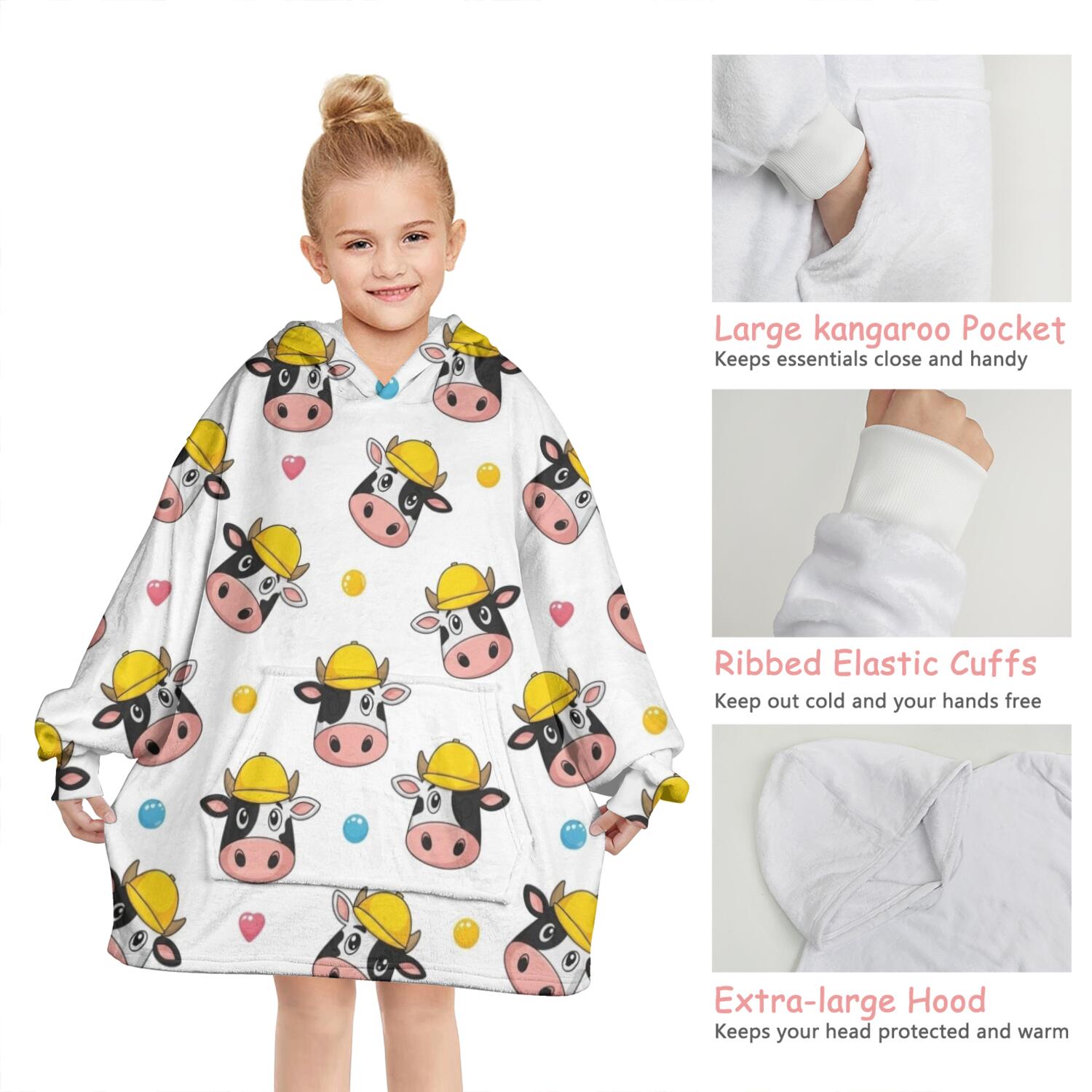 White Cow Head Hat Pattern Blanket Hoodies for Kids 6-13YR Oversize Wearable Blanket Hoodies for Boys Girls Teens