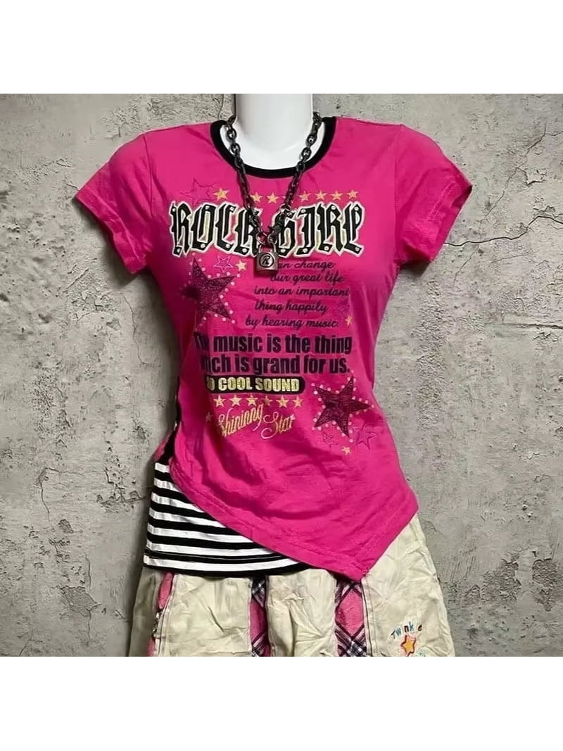 Women's Y2K Retro Off-Shoulder Fake Two-Piece T-Shirt - Gothic Rock Print Crop Top, Short Sleeve