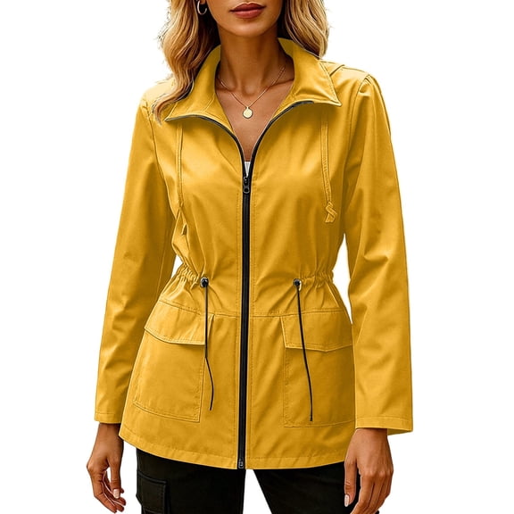 Annhoo Windbreakers Jackets for Women Mock Collar Full Zip Cinched Drawstring Waist Cargo Pocket Hiking Coat