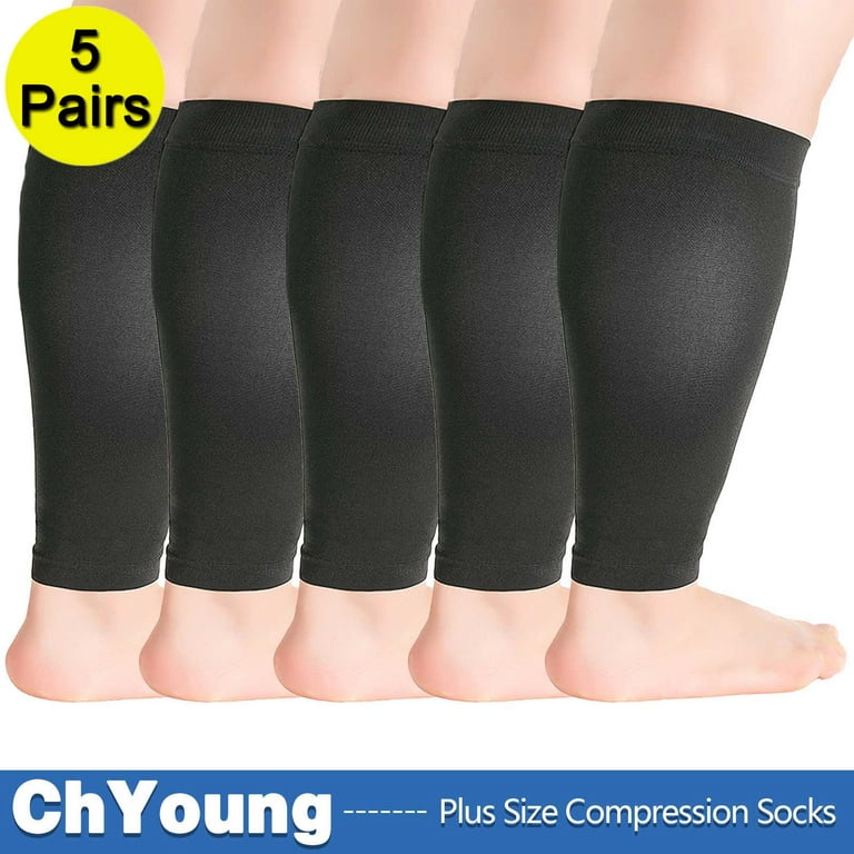 S(5Pack) Wide Calf Compression Sleeve Women Men Plus Size Leg Compression  Sleeves Graduated Support for Circulation Recovery, Shin Splints Leg Pain  Relief Support, Swelling, Travel, Black,ChYoung 