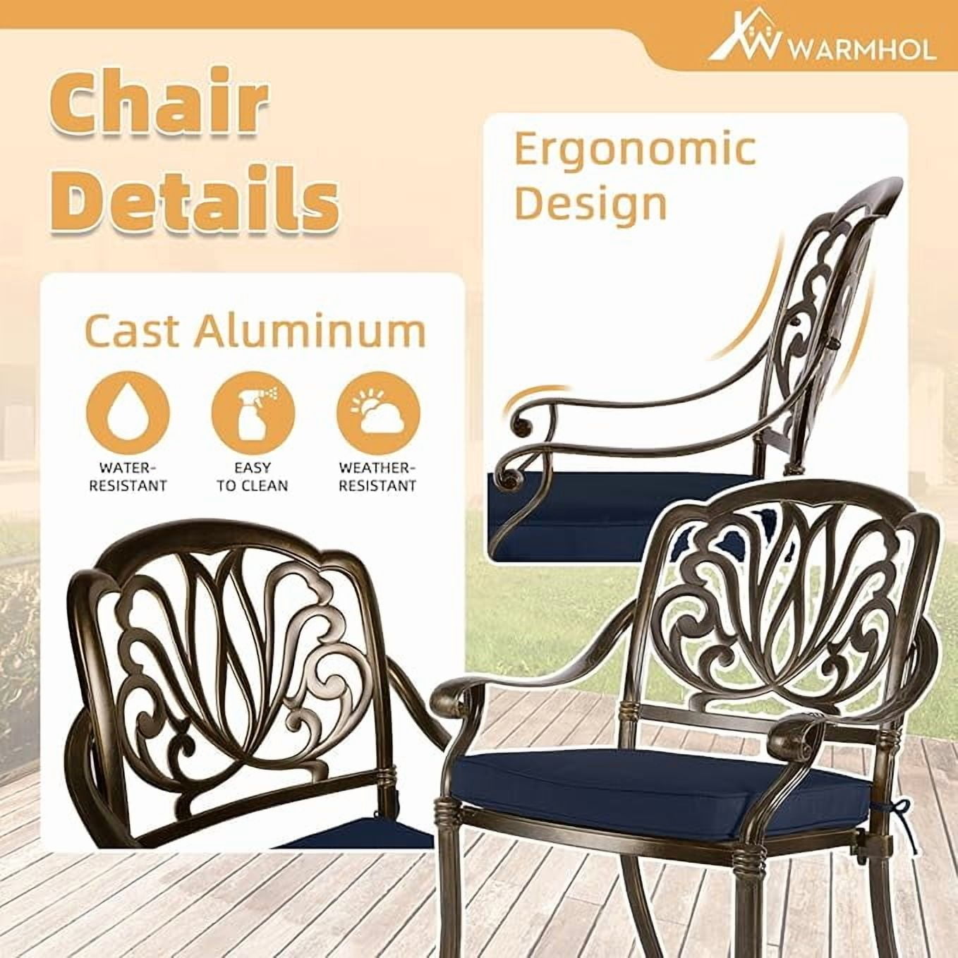 W WARMHOL 5-Piece Outdoor Patio Dining Set, All-Weather Cast Aluminum Patio Furniture Set for Backyard Garden Deck with 4 Chairs, 4 Cushions and 35.4" Round Table, 2" Umbrella Hole, Navy
