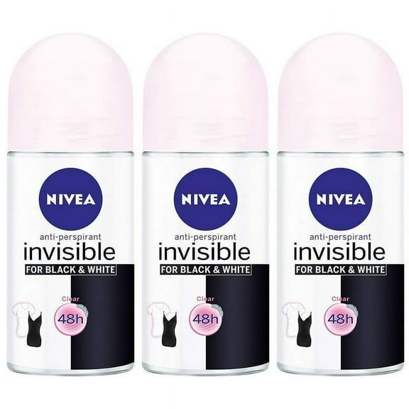 Nivea Invisible, Black & White Womens Roll-on Antiperspirant & Deodorant. 48-hour Protection Against Underarm Wetness. Pack Of 3 Bottles, 1.7oz / 50ml Each Bottle