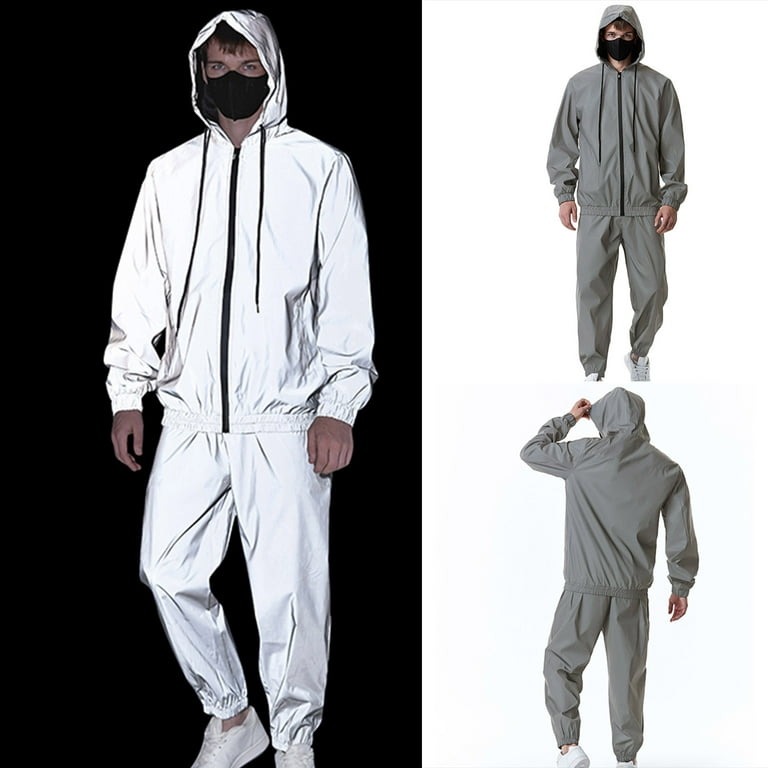 Mens Hooded Jumpsuits One Piece Full Zip Tracksuit Fashion Reflective  Luminous Hip Hop Lightweight Sweatsuit 