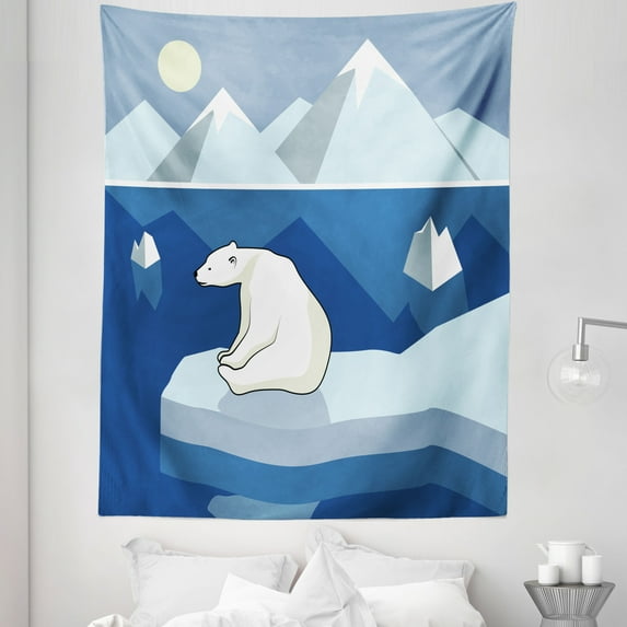 Polar Bear Tapestry, Lonely Bear on Iceberg Watching the Night Polar Landscape Panorama, Fabric Wall Hanging Decor for Bedroom Living Room Dorm, 5 Sizes, Pale Blue Cream Navy, by Ambesonne