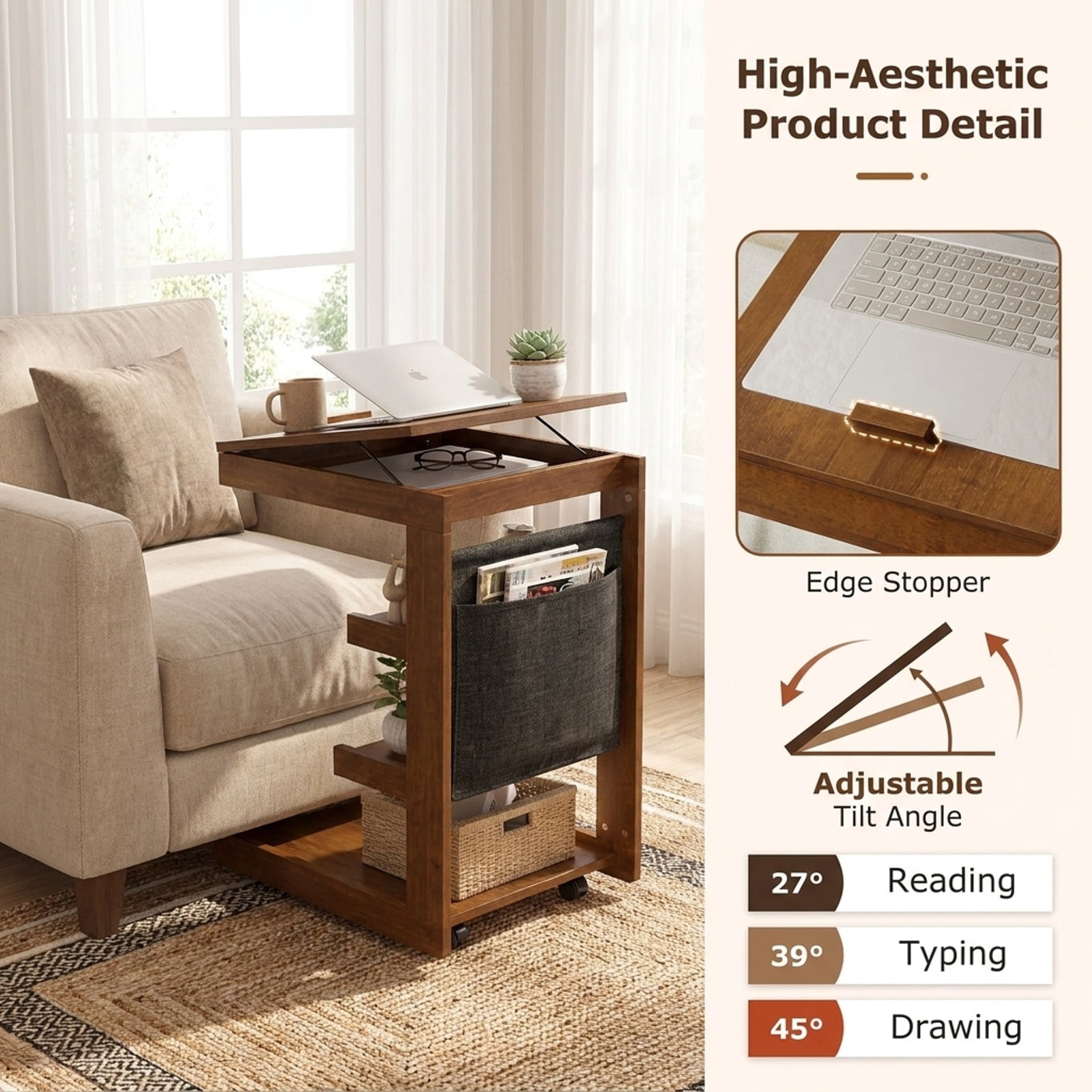 Furnibear Rolling C-Shaped End Table With Adjustable Desktop and Wheels, Mobile Sofa Side Desk With Storage Shelves for Couch Bedside, Brown