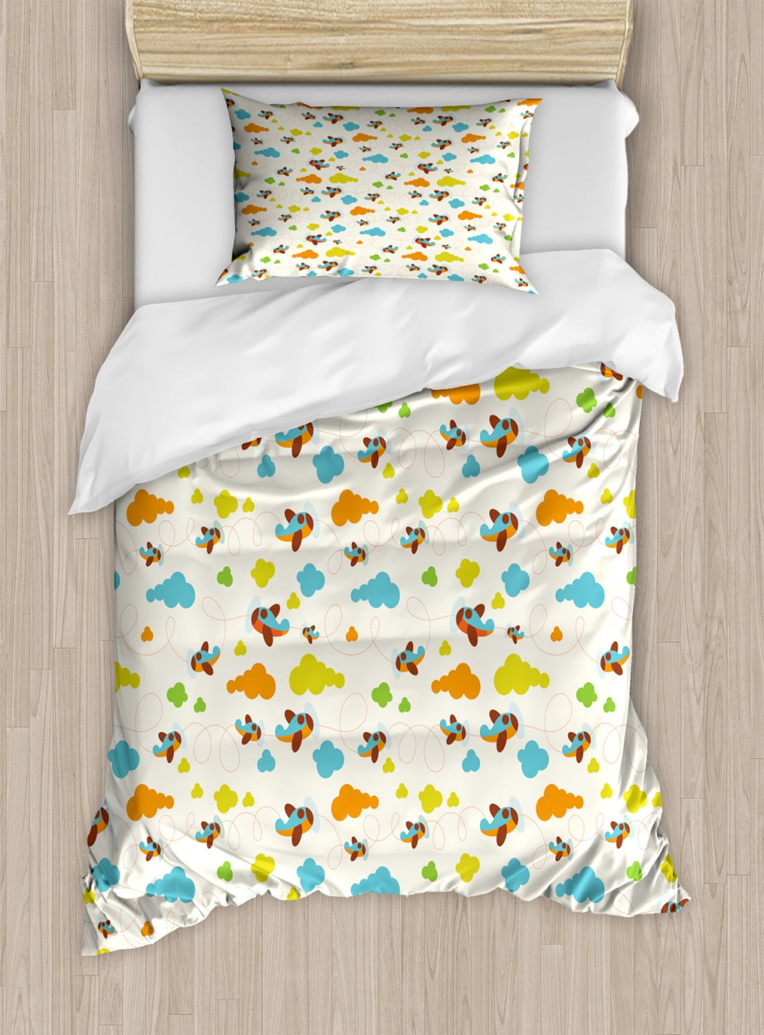 Nursery Airplane Twin Size Duvet Cover Set, Cheerful Toddler Pattern of