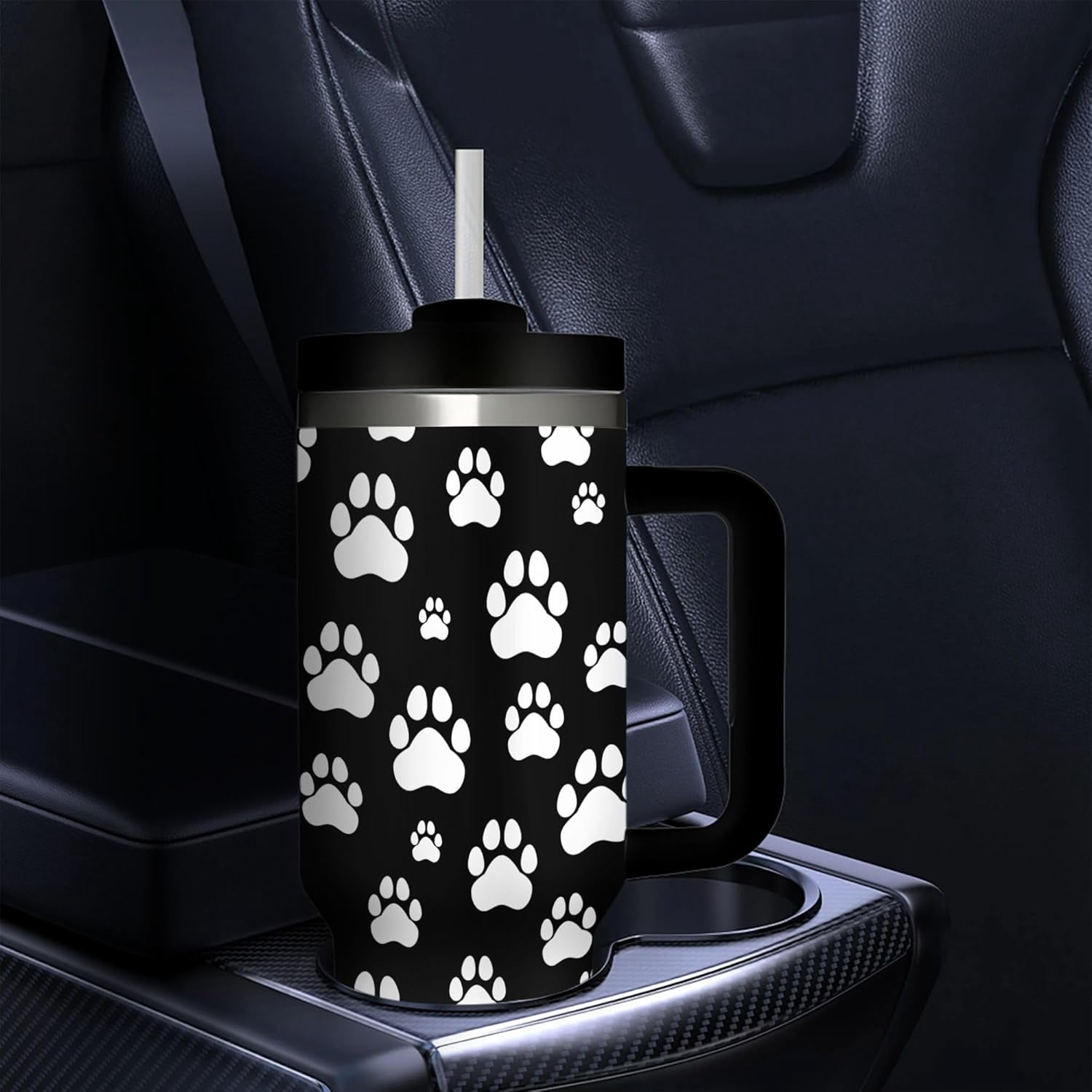 Dog Paw Prints 40 Oz (1200 ml) Insulated Coffee Tumbler with Black Handle, Cute Reusable Stainless Steel Travel Mug Cup with Straw Lid for Women Men Party Birthday Gifts