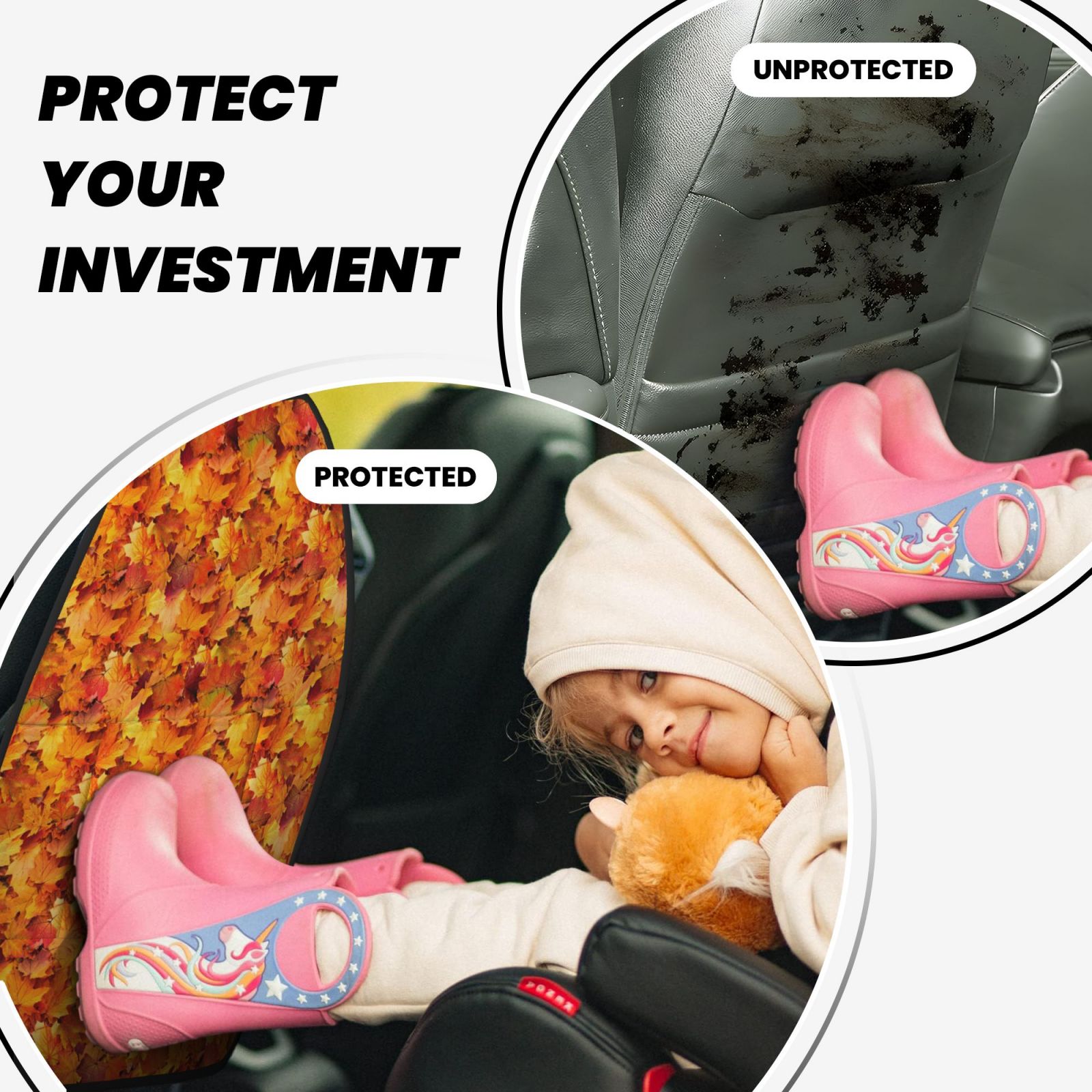 Kdxio Autumn Maple Leaf Pile Print 2 Pack Car Kick Mat Seat Cover Back Protector Mat with Pockets for Organizer Backseat Protector and Storage Anti Kick Pad for Vehicles