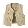 thumbnail image 2 of Women Vintage Washed Cropped Denim Vests, Round Neck Sleeveless Jean Jackets Fashion Streetwear Waistcoat Khaki M, 2 of 9