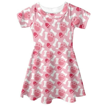 

Toddler Girl Short Sleeve Crew Neck Dog Footprint Print Dress For 4 To 15 Years Dresses For Girls