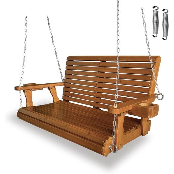 Wooden Porch Swing 2-Seater, High Backrest and Deep Seat, Bench Swing with Cupholders, Hanging Chains and 7mm Springs, Heavy Duty 880 LBS, for Outdoor Patio Garden (Cedar Tone - 4 FT Extra Large)