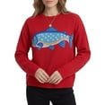 thumbnail image 3 of Women'S Fish Graphic Crew Neck Loose Long Sleeve Pullover Knit Sweater Red S, 3 of 9
