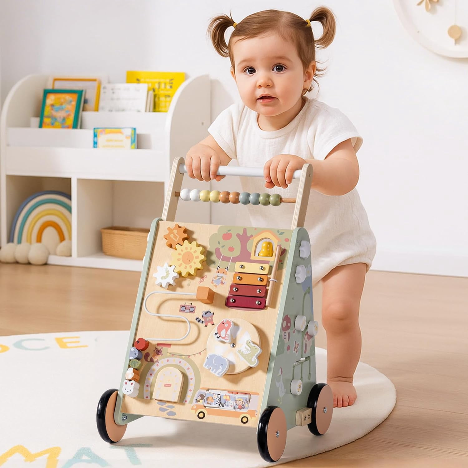 Robud Wooden Baby Walker, with Wheels, Montessori Push Toys for Babies 10M+ Learning to Walk, Baby Walkers Activity Center for Boys and Girls, Green, Forest Fairy Tale