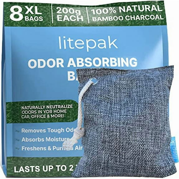 Litepak Activated Charcoal Bags Odor Absorber, (8 Pack, Large), Bamboo Charcoal Air Purifying Bag, Natural Car Air Purifier, Closet Deodorizer, and Odor Eliminator For Home (8x200g)