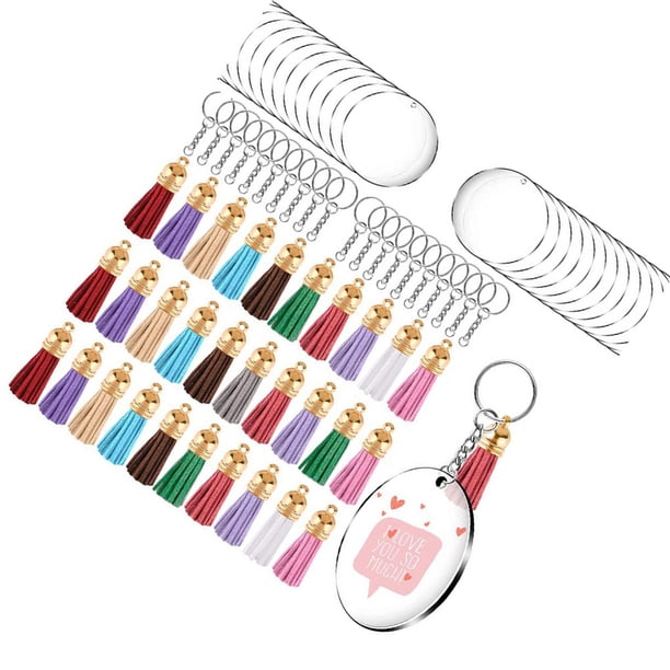 Kearding 120 Uds. Llavero acrílico en blanco DIY para hacer manualidades, disco circular transparente, mano de obra fina, juego de borlas DIY para adorno Artesanía Kearding HA019818-00