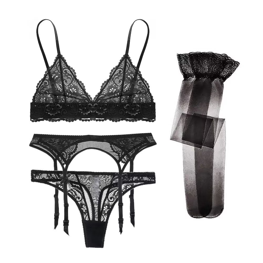 Women's Lace Bra and Panty Sets Lace Matching 4 Piece Lingerie Set