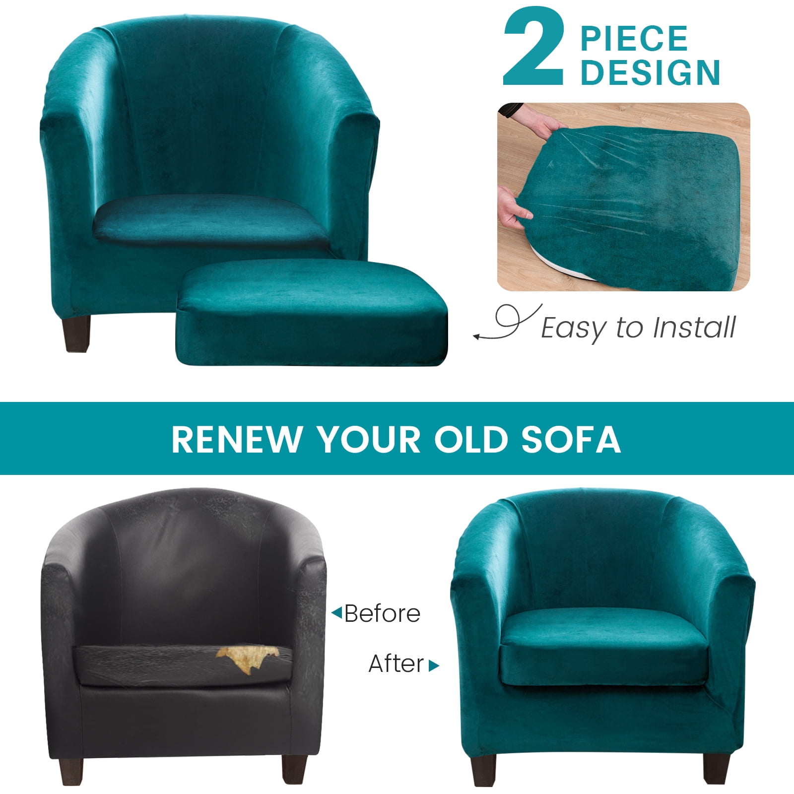 SHANNA Velvet Tub Chair Covers, 2 Pieces Stretch Modern Armchair Slipcovers Non Slip Sofa Couch Slipcover for Club Bar Counter Living Room Reception,With Separate Cushion Cover, Bright Green, 2 Pack