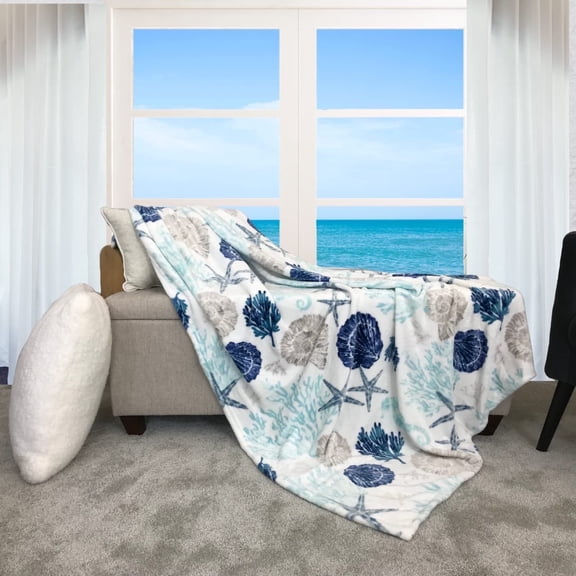 Serafina Home Decorative Ocean Life Coastal Throw Blanket: Soft Plush Velvet Fleece Calming Hues of Blues Beige on White, Accent for Sofa Couch Chair Bed or Dorm
