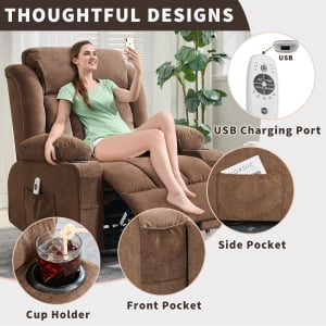 TEQIN Massage Swivel Recliner Chair,Oversized Rocker Recliner with Massage and Lumbar Heat Ergonomic Rocker Chair,Recliner Chairs w/Remote Control, Side Pocket, 2 Cup Holders, USB Charge Port