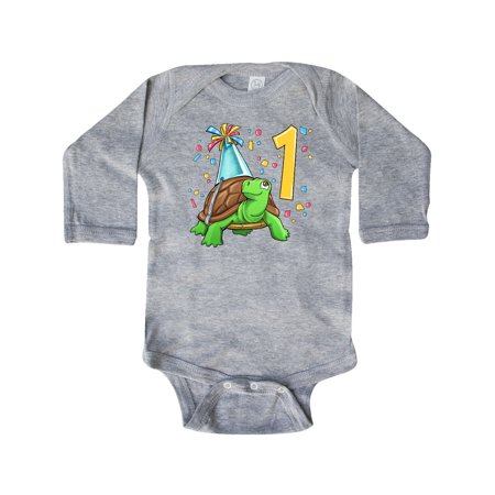 

Inktastic 1st Birthday Cute Turtle in Party Hat with Confetti Gift Baby Boy or Baby Girl Long Sleeve Bodysuit