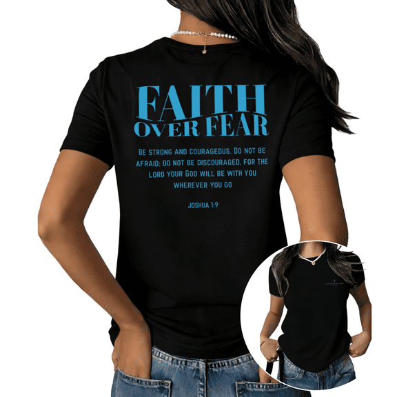 UNISHE Women's Faith Over Fear Short Sleeve T-Shirt Bold Bible Verse Joshua 1:9 Christian Inspirational Tee Cotton Blend Casual Fit