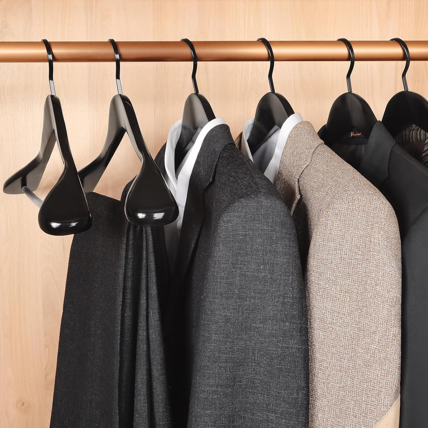 Black Wooden Coat Hanger 6 Pack, Wide Shoulder Wood Suit Hangers with Extra-Thick Flat Hooks & Anti-Slip Pants Bar, Heavy Duty Clothes Hangers,Glossy Finish, Black-CT02H