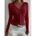 thumbnail image 4 of Womens Cardigan Sweaters Lace Ruffle Trim V Neck Long Sleeve Button Front Ribbed Knit Cute Fitted Crop Tops Wine Red S, 4 of 9