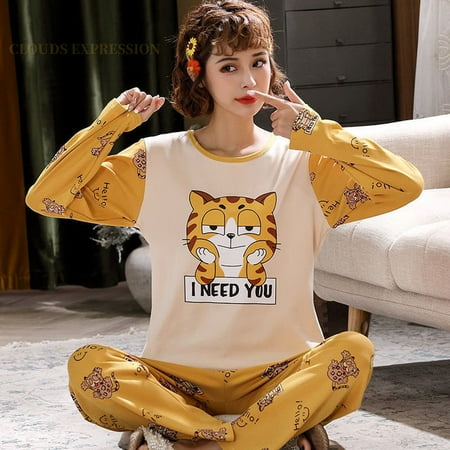 

QWZNDZGR Autumn Sleep Lounge Pajama Long Sleeved Top Polka Dots Women Pajama Sets Cartoon Pyjamas Cotton Sleepwear Women M L XL XXL XXXL
