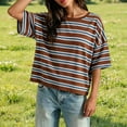 thumbnail image 2 of VOUZZA Women Retro Striped T-Shirt Summer Colorblock Short Sleeve Tee Loose Fit Drop Shoulder Casual Streetwear Pullover Tops, 2 of 4