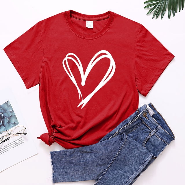 Meichang T-Shirts Joyeuse Saint-Valentin Femmes Mignon Imprimé Cœur T-Shirts Manches Courtes Col Rond Décontracté T-Shirts Joyeuse Saint-Valentin