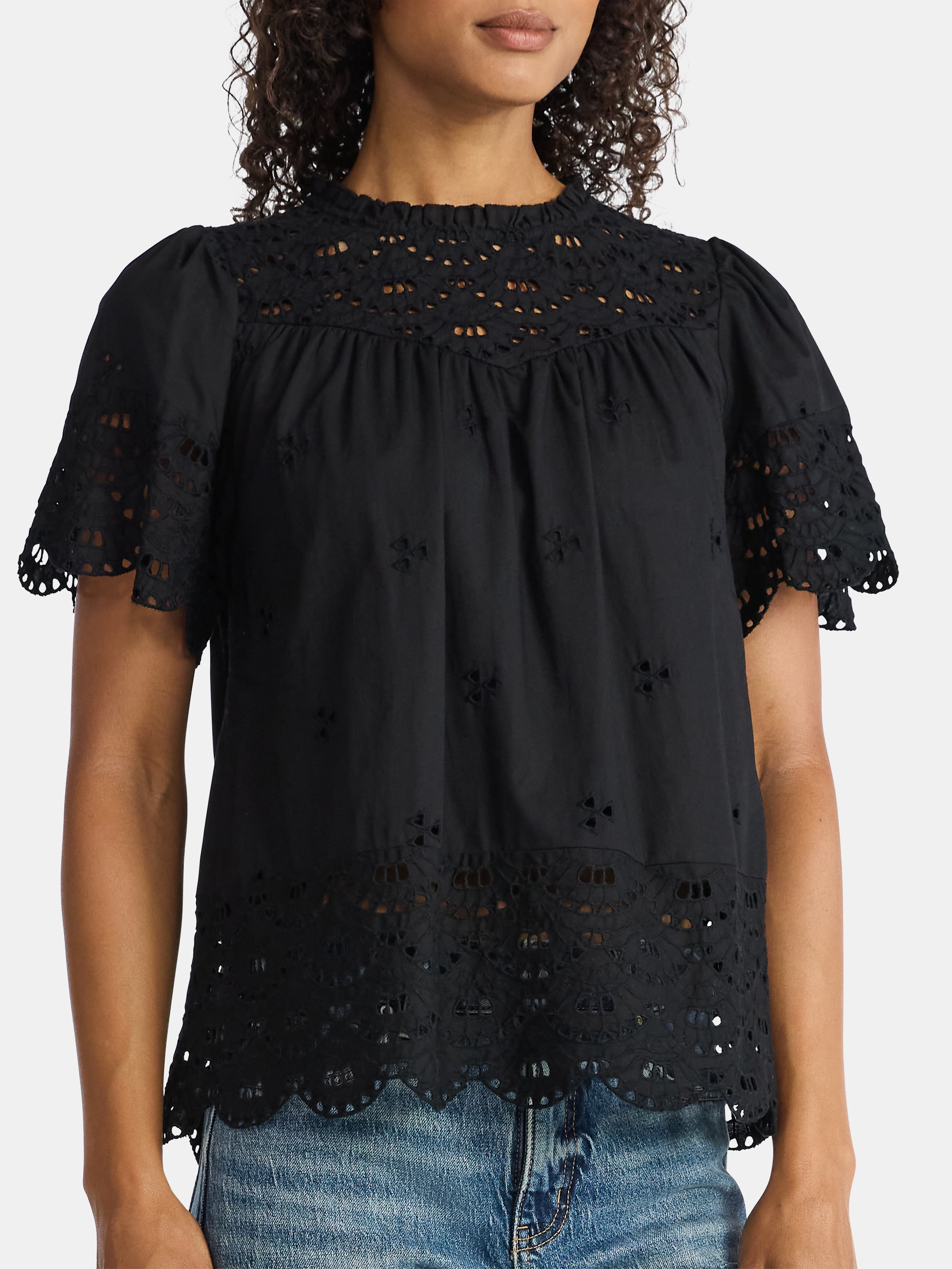 Time and Tru Women's Cotton Eyelet Top with Short Sleeves, Sizes XS-XXXL