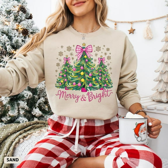 Pink Merry And Bright Sweatshirt, Christmas Pink Trees Sweatshirt, Merry Christmas Sweat, Holiday Sweater