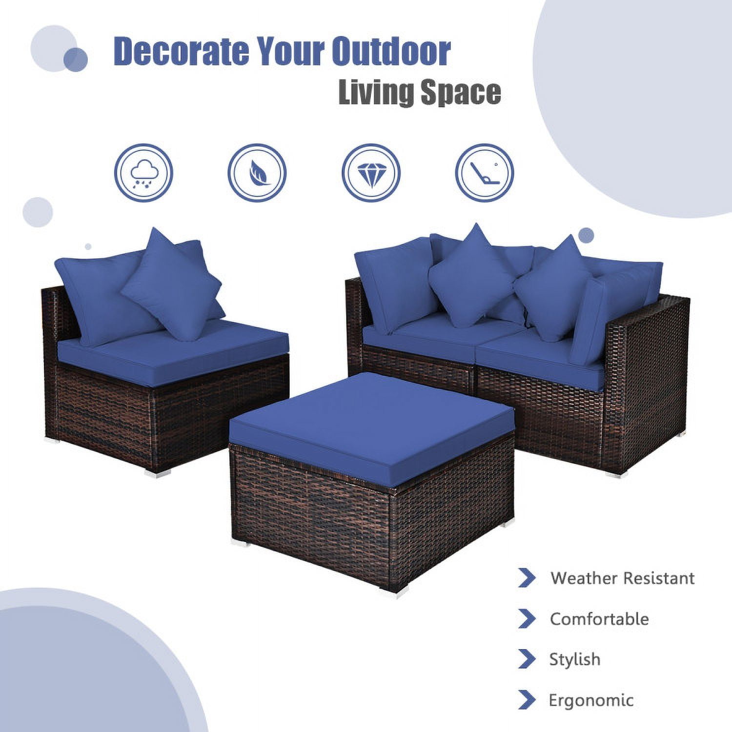 Aimee Lii 4 Pcs Ottoman Garden Deck Patio Rattan Wicker Furniture Set Cushioned Sofa, Outdoor Deck Furniture, Navy Aimee Lii 4 Pcs Ottoman Garden Deck Patio Rattan Wicker Furniture Set Cushioned Sofa, Outdoor Deck Furniture, Navy