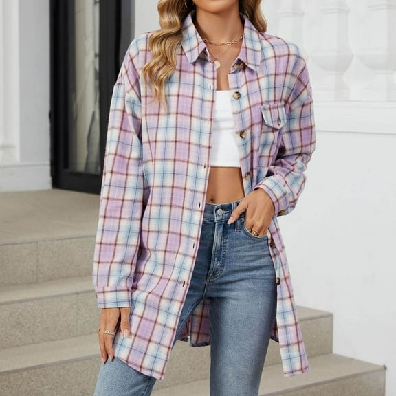 Jinhomg Fashion Plaid Shirt Jacket for Women Dressy Casual Long Sleeve Button Down Coat Loose Comfy Lapel Collared Shacket Jacket PurpleM