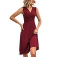 thumbnail image 2 of Womens Wrap V Neck Sleeveless Sundress Summer Flare Tank Dress Wine Red M, 2 of 8