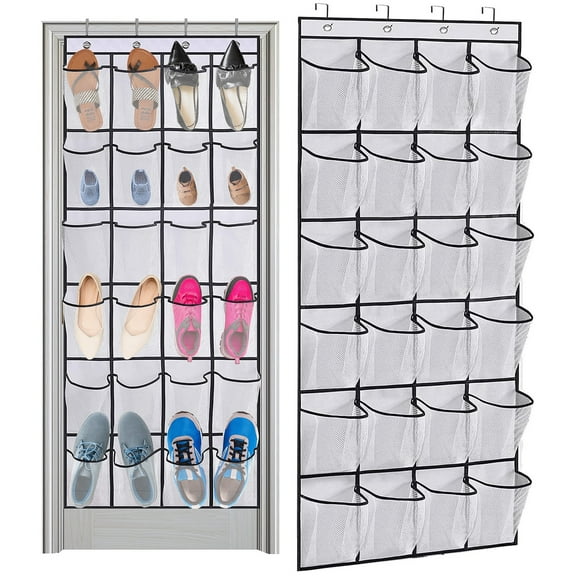 TIFOR 28 Large Pockets Over The Door Shoe Organizer, Hanging Shoe Organizer for Closet, Premium Clear Shoe Rack for Door, Shoes Hanger Organizers Storage Holder for Back of Door and 4Metal Hook White