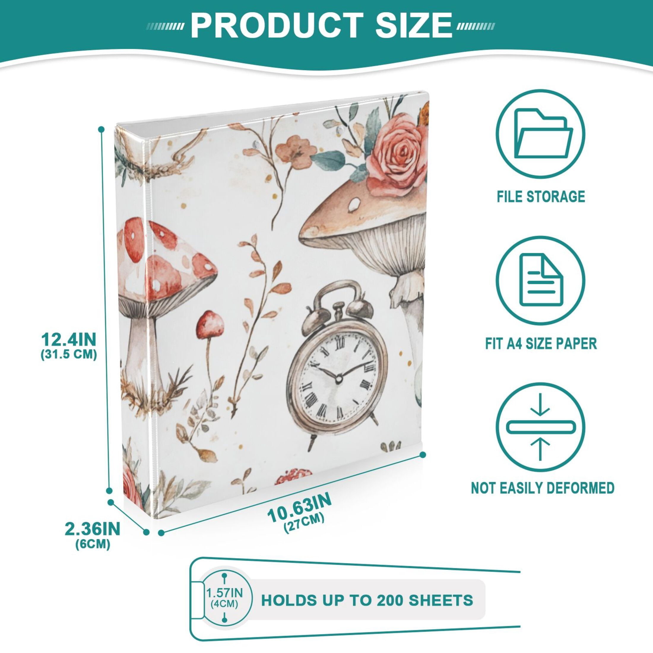 Mushrooms Roses Clocks 3 Ring Binders 1.5 inch Hardcover File Folders with Interior Pockets A4 Size Organizer for School Office Hospital Set of 2