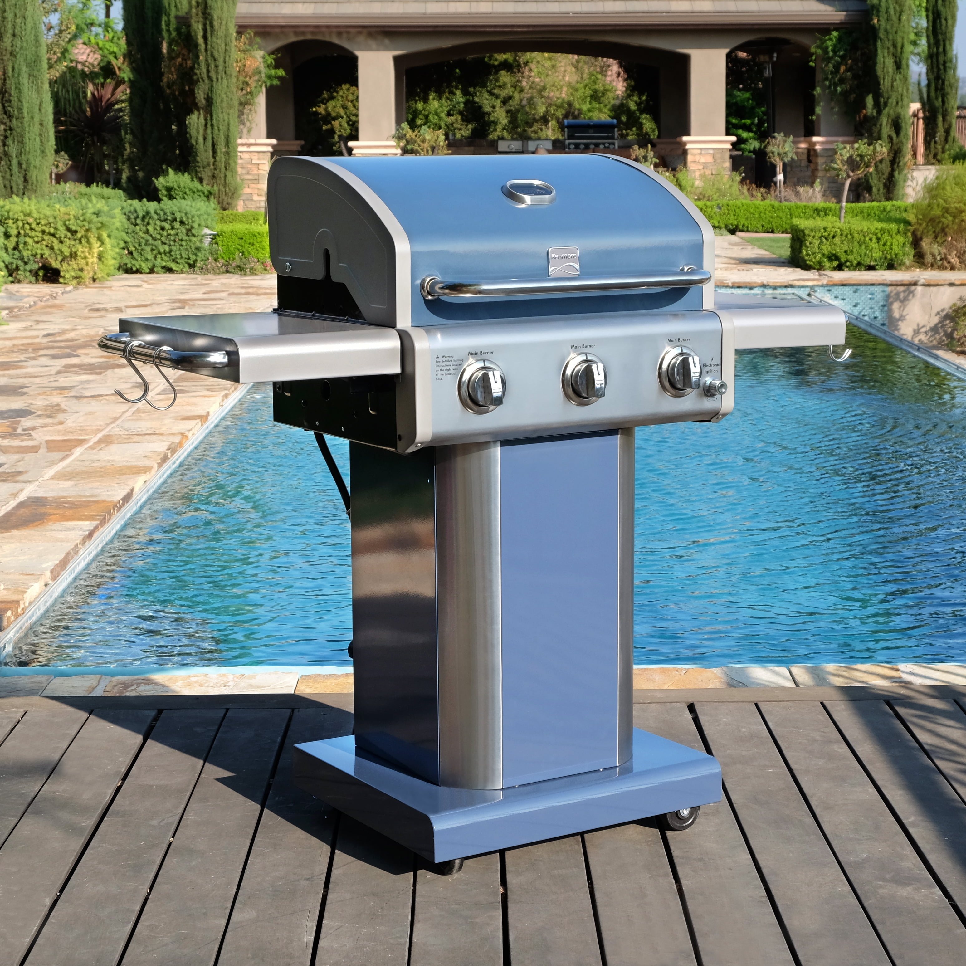 Kenmore 3-Burner Gas Grill, Outdoor BBQ Grill, Propane Grill with Foldable Side Tables, Azure Blue
