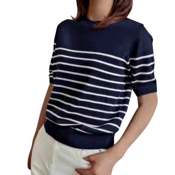 oqasdz Women Sweaters Striped Tops Short Sleeve Crew Neck Ribbed Knit T Shirts Comfy Basic Pullover Sweater Casual Cozy Daily Wear