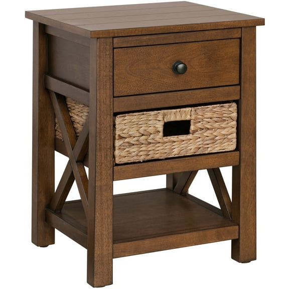 eHemco X-Side Solid Hardwood Nightstand End Table in Coffee with Drawer, 2 Storage Shelves and Wicker Basket, 24 Inches Tall - Great for Home, Bedroom, Living room