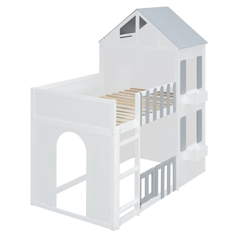 Twin over Twin House-Shaped Bunk Bed with Roof and Window, Kids/Teens Playful Designed Bed Frame with Fence and LED Light