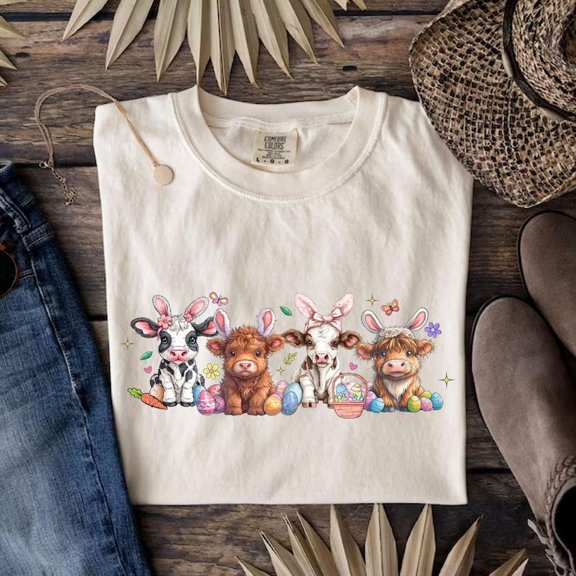 Comfort Colors Easter Cow T-Shirt, Cute Bunny Cow Shirt for Women, Funny Heifer Easter Day Tee, Pastel Spring Farm Animal Shirt