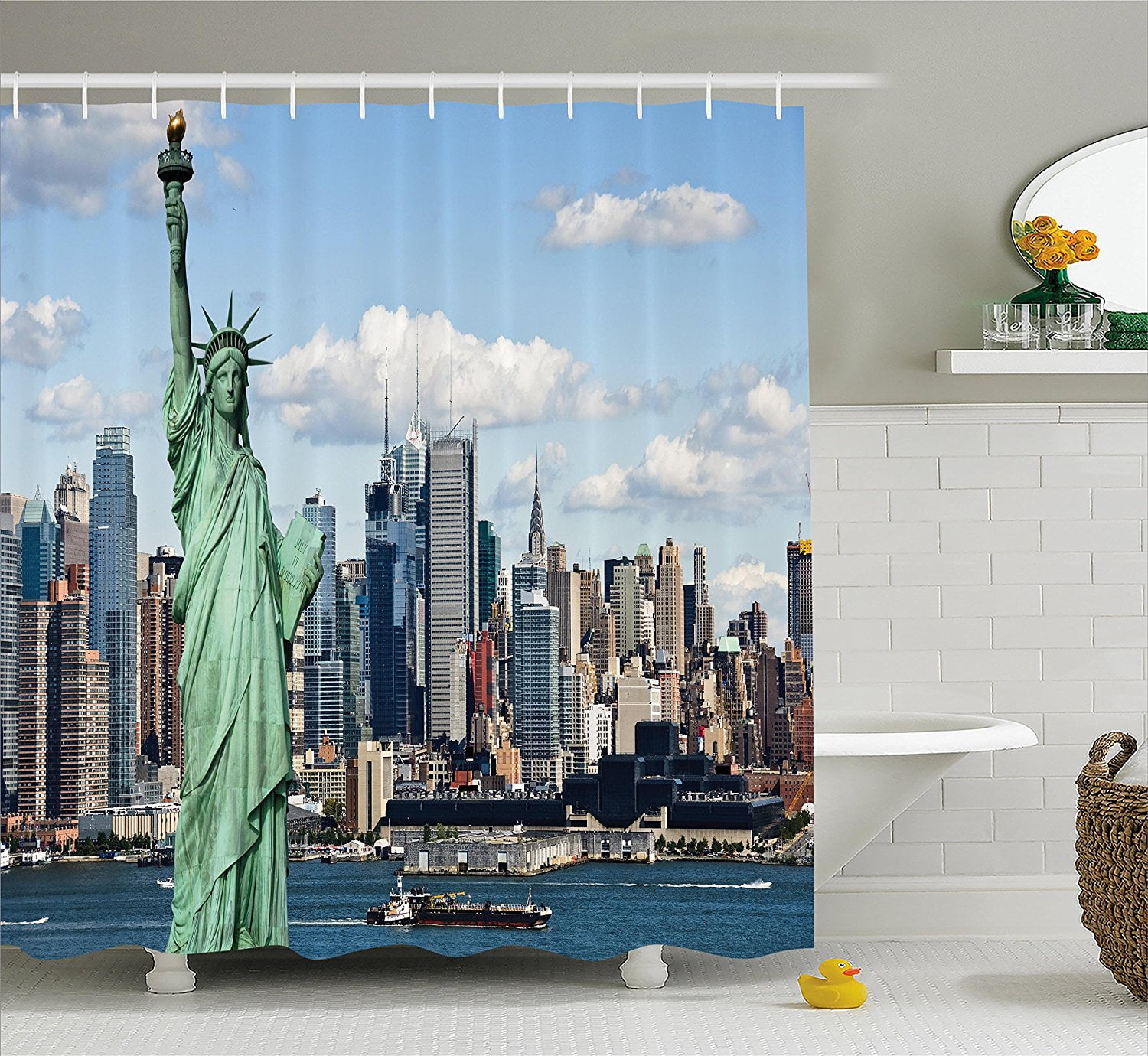 New York Shower Curtain by , Statue of Liberty in NYC Harbor Urban City