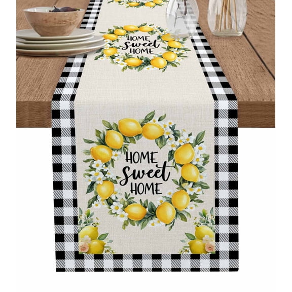 Yellow Lemon Table Runner 72 Inches, Farmhouse Black White Buffalo Plaid Bed Runner Dresser Scarves Tabletop for Indoor Outdoor Parties/Ceremony/Banquet, 18" x 72"