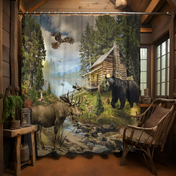 Rustic Cabin Shower Curtain, Country Cabin Lodge Lake Woodland Funny Bear Moose Deer RV Farmhouse Bathroom Curtains Decoration, Polyester Fabric Hunting Camp Forest Bathroom Accessories, 72X72in