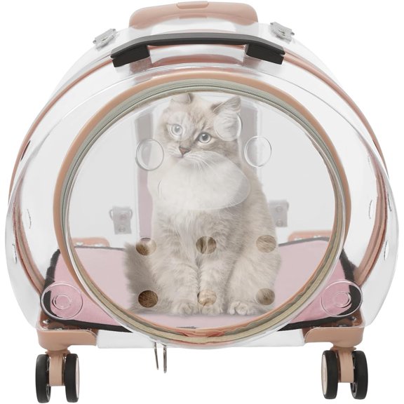 Transparent & Fully Breathable Hard Cat Carrier with Rolling Wheels, Multiple Carrying Carrier for Cats, Dogs, Or Bunnies for Traveling, Taking a Walk, Applicable Weighing up to 19.84lbs (Pink,Clear)