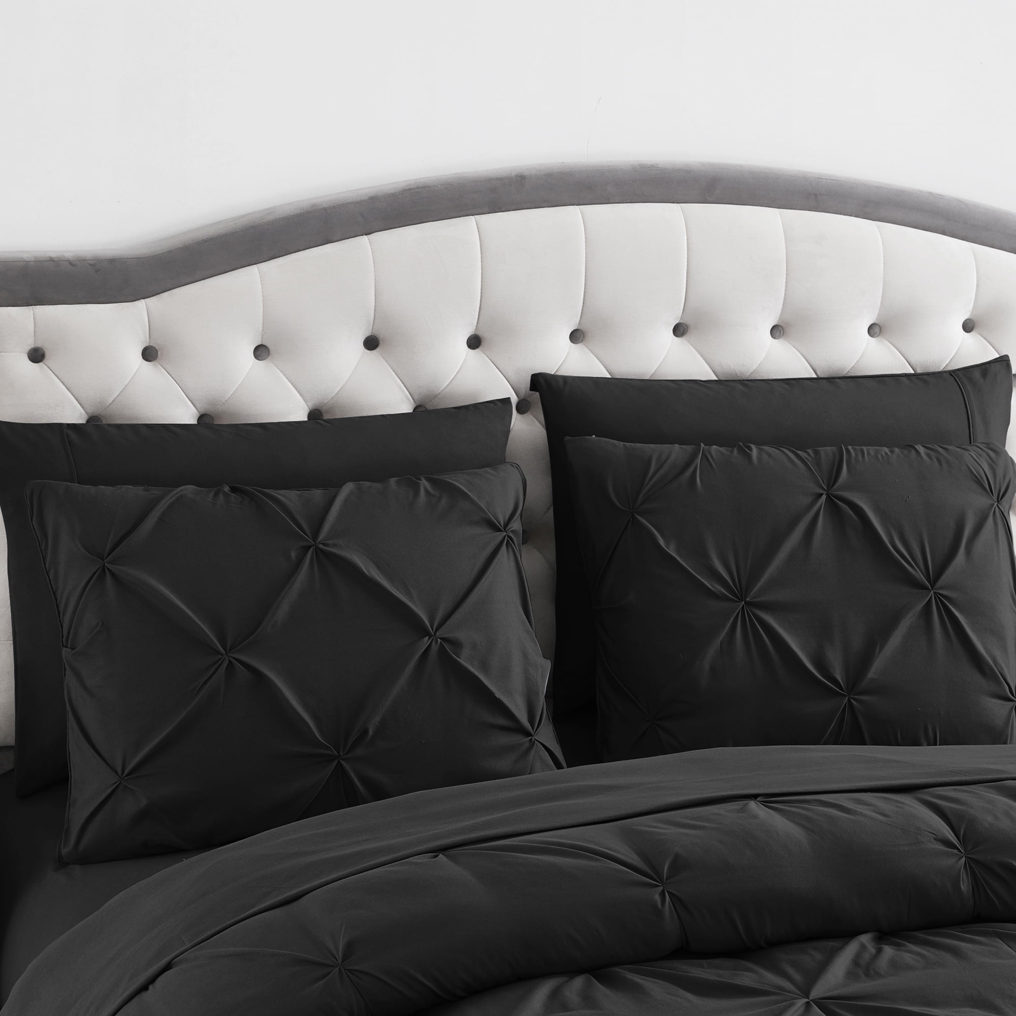 8 Piece Bed In A Bag Pintuck Comforter Sheet Bed Skirt Sham Set King Black