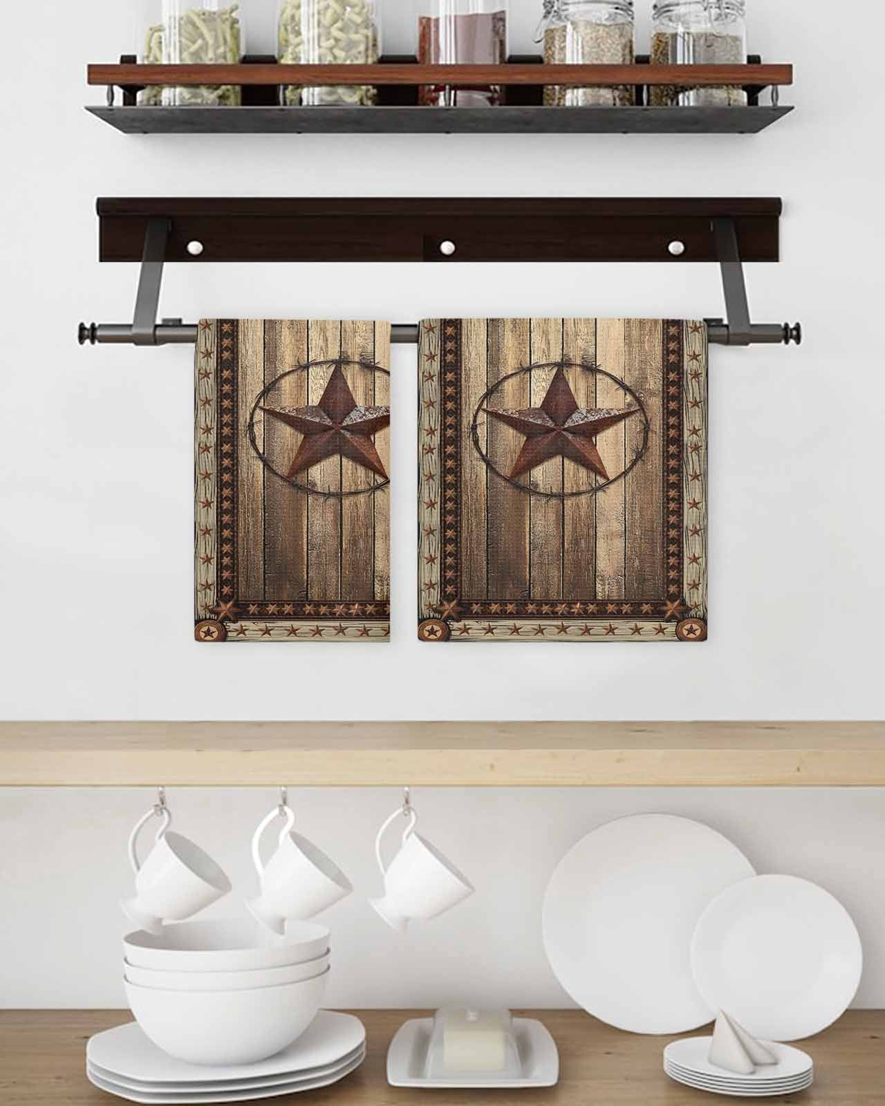 Western Farmhouse Hand Towels Set,Waffle Weave Kitchen Towels 2Pcs,Primitive Rustic Country Retro Texas Star Microfiber Hair Face Bath Tea Towel Absorbent Cleaning Dish Cloths 15.7"x23.6"
